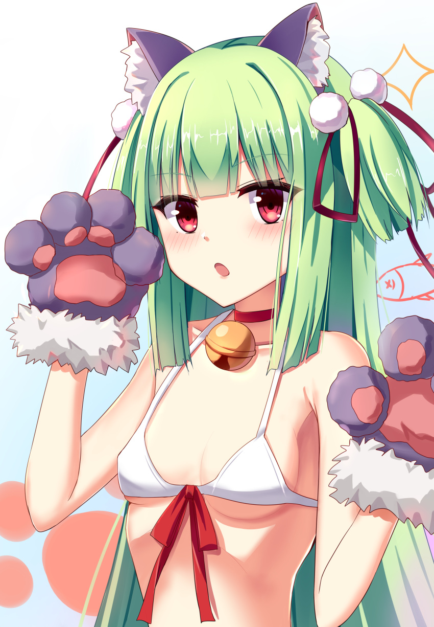 1girl :o absurdres alternate_costume animal_ear_fluff animal_ears animal_hands armpit_crease bare_shoulders bell bikini blunt_bangs blush breasts cat_ears choker collarbone commentary eyelashes eyes_visible_through_hair fake_animal_ears gloves hair_ornament hair_ribbon hands_up highres hime_cut jingle_bell light_blue_background long_hair looking_at_viewer murasame_(senren) neck_bell open_mouth paw_gloves pom_pom_(clothes) pom_pom_hair_ornament red_choker red_eyes red_ribbon ribbon senren_banka shu_pian sidelocks simple_background skinny small_breasts solo sparkle straight_hair swimsuit tsurime two_side_up underboob upper_body very_long_hair white_background white_bikini