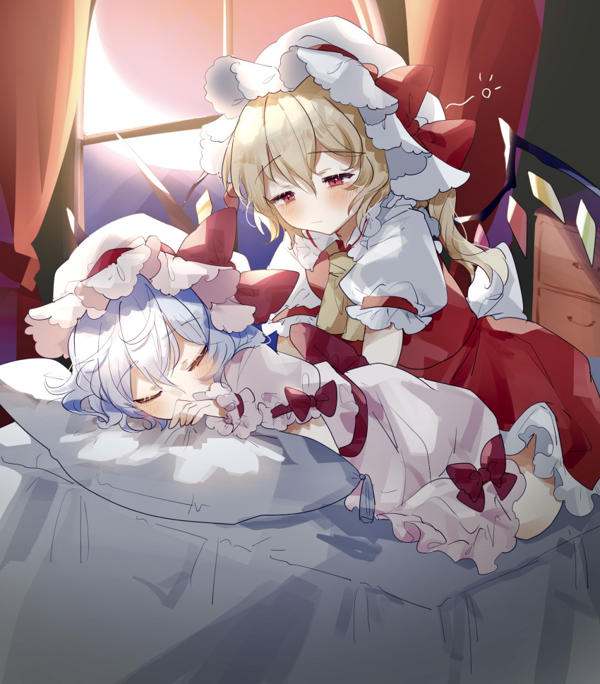 2girls ascot blonde_hair blue_hair closed_eyes closed_mouth crystal_wings flandre_scarlet hat hat_ribbon highres indoors massage mob_cap multiple_girls on_bed red_eyes red_ribbon remilia_scarlet ribbon side_ponytail sorani_(kaeru0768) touhou wrist_cuffs yellow_ascot