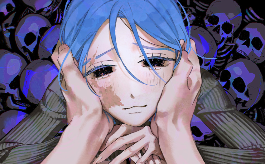 1girl :3 blue_eyeliner blue_hair colored_eyelashes eyeliner fingernails hands_on_another's_face highres holding long_fingernails long_fingers long_sleeves looking_at_viewer makeup original scar scar_on_face skeleton skull smile solo yasutatsu_(amazu)