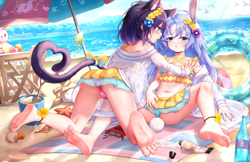 2girls angora_rabbit animal ass bare_legs barefoot beach bikini blue_eyes blue_flower blue_hair blush bottle bucket day fingernails flower food frilled_bikini frills fuiba_fuyu gochuumon_wa_usagi_desu_ka? hair_flower hair_ornament hehehzb highres jacket kafuu_chino long_hair long_sleeves lotion multiple_girls navel ocean open_clothes open_jacket open_mouth outdoors parasol pocky purple_eyes purple_flower purple_hair rabbit sand see-through see-through_jacket short_hair soles sunscreen swimsuit tippy_(gochiusa) toes umbrella white_jacket yellow_bikini yellow_flower yuri