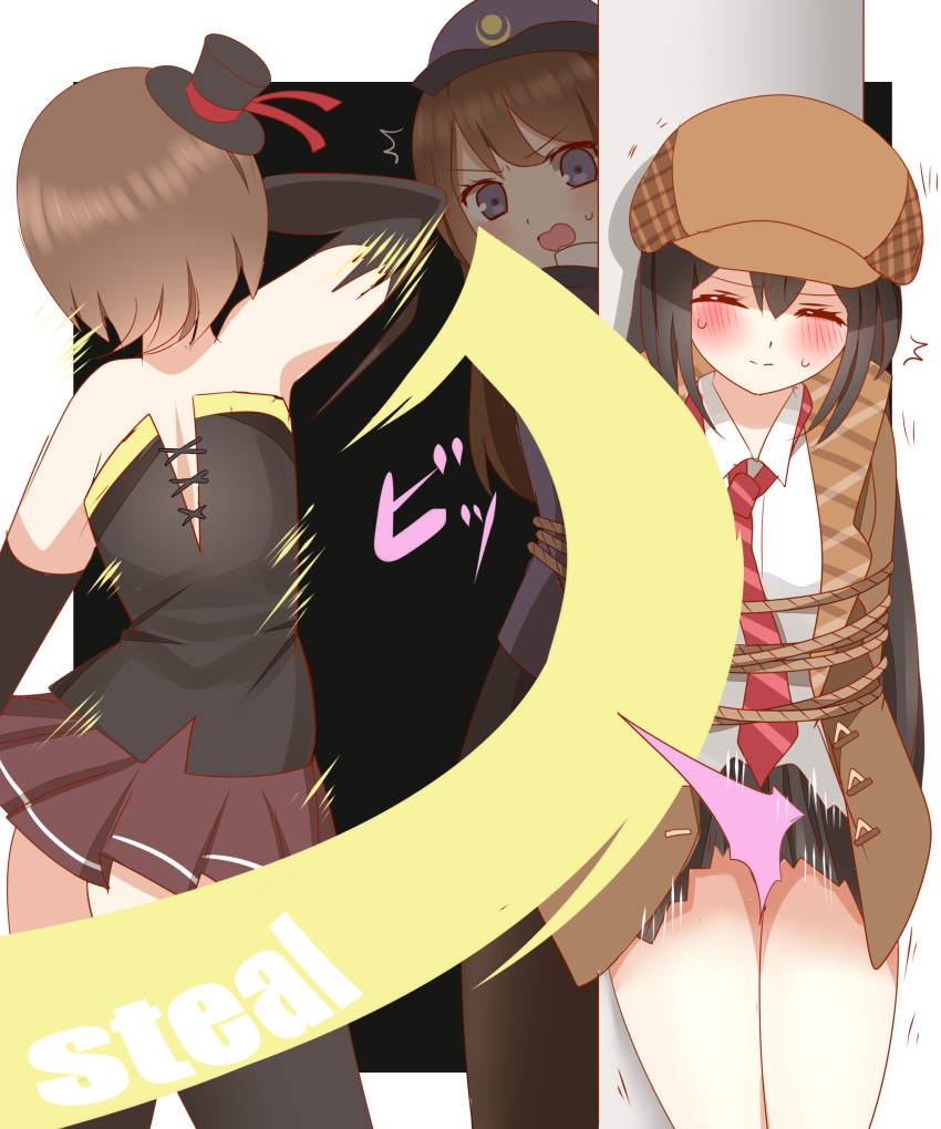 3girls ^^^ absurdres ass black_background black_gloves black_hair black_hat black_skirt black_thighhighs blue_hat blue_jacket blush bound bow breasts brown_hair brown_hat brown_jacket brown_pantyhose brown_skirt cabbie_hat closed_eyes closed_mouth collared_shirt diagonal-striped_clothes diagonal-striped_necktie dress_shirt elbow_gloves gloves hair_between_eyes hat hat_bow highres jacket long_hair medium_breasts mini_hat mini_top_hat multiple_girls necktie non_(wednesday-classic) open_mouth original pantyhose parted_lips phantom_thief pleated_skirt pole police police_hat police_uniform policewoman red_bow red_necktie restrained rope shirt skirt strapless striped_clothes sweat thighhighs tied_up_(nonsexual) tilted_headwear top_hat two-tone_background uniform v-shaped_eyebrows very_long_hair wavy_hair white_background white_shirt