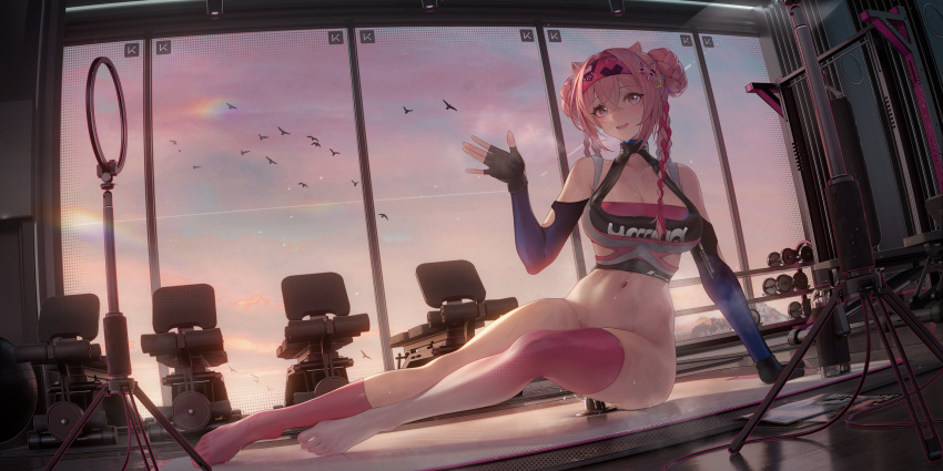 1girl arknights binggong_asylum bird blush bottomless braid breasts cleavage crop_top detached_sleeves dildo dildo_riding double_bun exercise_machine fingerless_gloves gloves gym hair_bun halterneck highres large_breasts long_hair looking_at_viewer navel open_mouth pink_hair sex_toy single_thighhigh sitting solo thighhighs twin_braids u-official_(arknights) waving weights