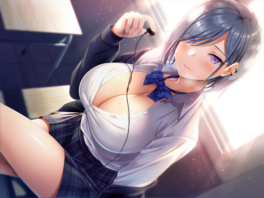 1girl black_hair black_skirt blue_bow blue_bowtie blush bow bowtie breasts bush chair cleavage closed_mouth collared_shirt crossed_legs desk earbuds earphones hair_over_one_eye highres holding large_breasts long_sleeves looking_at_viewer non-web_source on_desk open_clothes open_shirt original plaid plaid_skirt pleated_skirt purple_eyes removing_earbuds school_chair school_desk school_uniform shirt sitting skirt solo sunlight super_nagoyaka white_shirt window