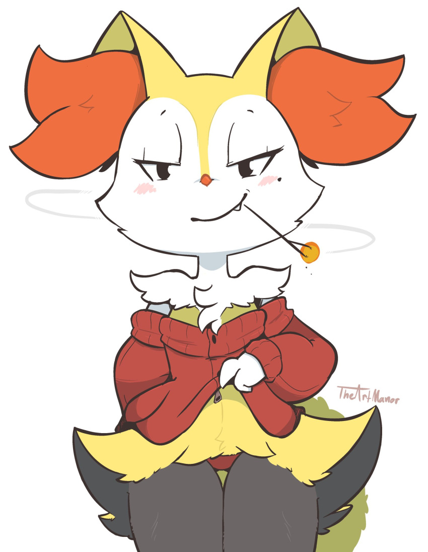 anthro big_tail black_body black_fur blush braixen breasts clothed clothing dipstick_tail facial_tuft female fire flashing flashing_panties flirting flirting_with_viewer fluffy fluffy_tail fur generation_6_pokemon half-closed_eyes hi_res inner_ear_fluff jacket looking_at_viewer markings mole_(marking) multicolored_body multicolored_fur narrowed_eyes nintendo no_bra off_shoulder orange_body orange_fur panties pear-shaped_figure pokemon pokemon_(species) red_clothing red_jacket red_panties red_topwear red_underwear ruff small_breasts smile smirk smoke smoking smug snaggle_tooth solo stick tail tail_markings theartmanor topwear tuft underwear white_body white_fur wide_hips yellow_body yellow_fur