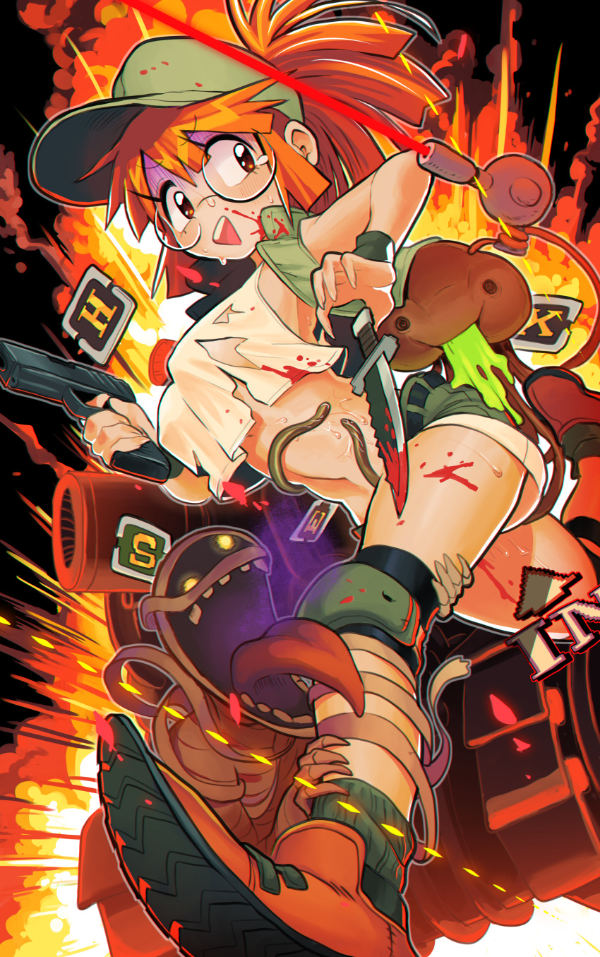 1girl absurdres alien baseball_cap blood blood_on_clothes blood_on_knife blood_on_leg blood_on_weapon boots breasts brown_hair caterpillar_tracks commentary_request energy_gun english_text explosion fio_germi gashi-gashi glasses glowing glowing_eyes gun handgun hat highres holding holding_gun holding_knife holding_weapon knee_pads knife laser leg_grab mars_people metal_slug midriff military_vehicle motor_vehicle mummy open_mouth power-up ray_gun red_hair shirt short_hair short_ponytail shorts sleeveless sleeveless_shirt sv001_(metal_slug) sweat tank tearing_up teeth tentacles torn_clothes turn_pale vest weapon wristband