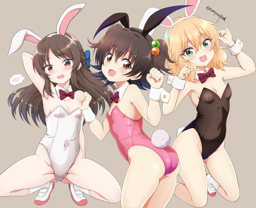 3girls akagi_miria animal_ears arm_behind_back arm_behind_head armpits ass black_leotard blonde_hair blue_bow bow bowtie breasts brown_background brown_eyes brown_hair cleavage clenched_hands commentary_request covered_navel cowboy_shot detached_collar embarrassed fake_animal_ears fake_tail flat_chest full_body green_eyes groin hair_between_eyes hair_bobbles hair_bow hair_ornament hands_up highleg highleg_leotard highres idolmaster idolmaster_cinderella_girls idolmaster_cinderella_girls_u149 kneeling legs leotard light_blush long_hair looking_at_viewer medium_hair multiple_girls open_mouth pink_leotard playboy_bunny rabbit_ears rabbit_tail red_bow red_bowtie sakurai_momoka shoes short_hair short_twintails sidelocks small_breasts smile socks spoken_blush squatting tachibana_arisu tail tamayan teeth thighs twintails twitter_username upper_teeth_only uwabaki wavy_hair wavy_mouth white_footwear white_leotard white_socks wrist_cuffs