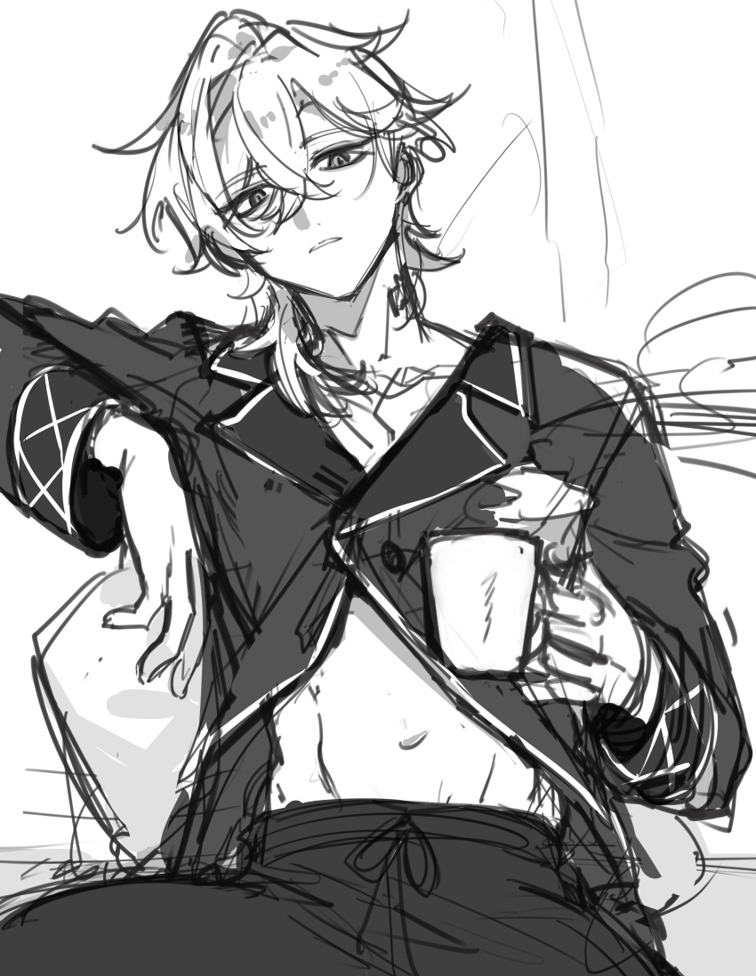 1boy absurdres aventurine_(honkai:_star_rail) coffee_mug cup greyscale hair_between_eyes highres holding holding_cup honkai:_star_rail honkai_(series) long_sleeves looking_at_viewer male_focus midriff midriff_peek monochrome mug navel official_alternate_costume pajamas short_hair solo zoo_min