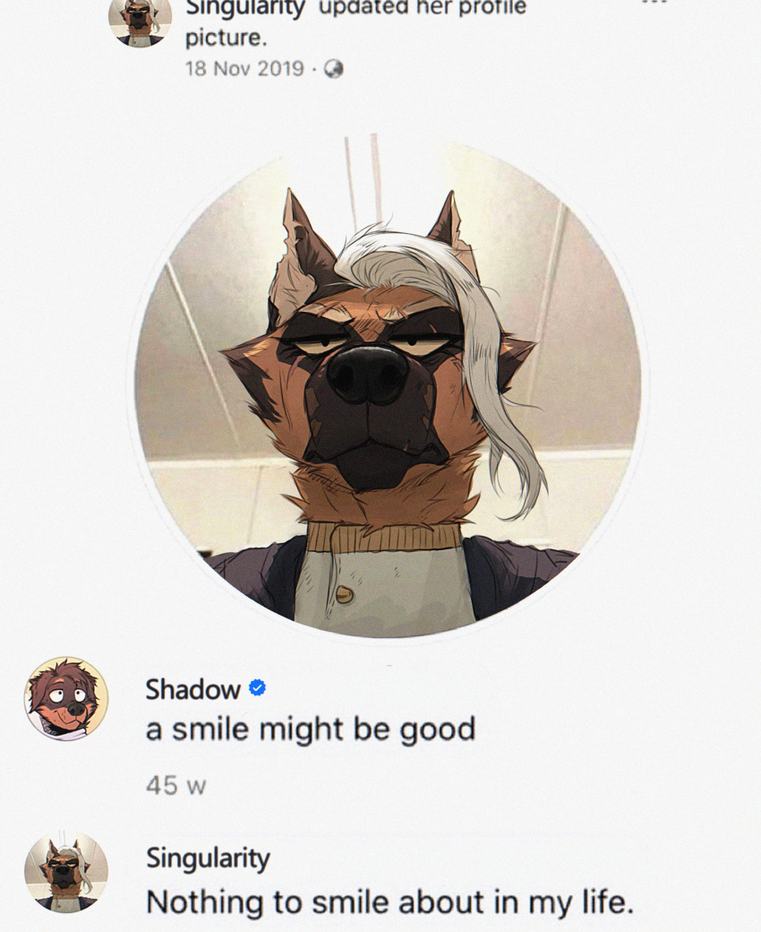 absurd_res anthro brown_body brown_fur canid canine canis clothed clothing domestic_dog english_text eye_scar facial_scar female fur hair hi_res male mammal manedpizzawolf meme notched_ear nothing_to_smile_about_in_my_life scar shadow_(manedpizzawolf) singularity_(manedpizzawolf) solo text