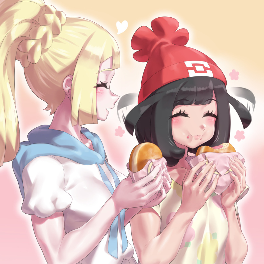 2girls beanie black_hair blonde_hair blunt_bangs breasts closed_eyes doughnut eating expressive_hair floral_print food hat highres lillie_(pokemon) long_hair malasada mizuumi_(bb) multiple_girls open_mouth pastry pokemon pokemon_sm ponytail red_hat selene_(pokemon) shirt short_hair smile yellow_shirt