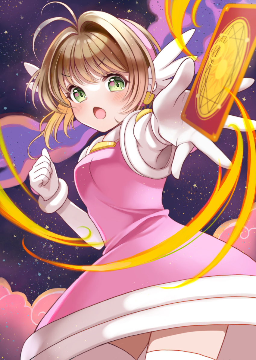 1girl absurdres antenna_hair brown_hair card cardcaptor_sakura dress gloves green_eyes highres kinomoto_sakura looking_at_viewer magical_girl momo-tako open_mouth pink_dress short_hair solo white_gloves