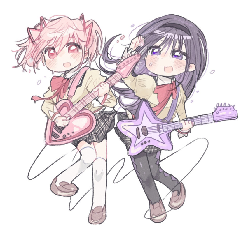 2girls akemi_homura black_hairband black_pantyhose black_skirt bow bowtie brown_jacket chibi commentary electric_guitar full_body guitar hair_bow hairband highres holding holding_guitar holding_instrument instrument jacket kaname_madoka kerimka31328031 kneehighs loafers long_hair mahou_shoujo_madoka_magica mahou_shoujo_madoka_magica_(anime) mitakihara_school_uniform multiple_girls no_nose open_mouth pantyhose pink_hair plaid plaid_skirt pleated_skirt purple_eyes purple_hair red_bow red_bowtie school_uniform shoes simple_background skirt socks standing standing_on_one_leg symbol-only_commentary twintails white_background white_socks wire