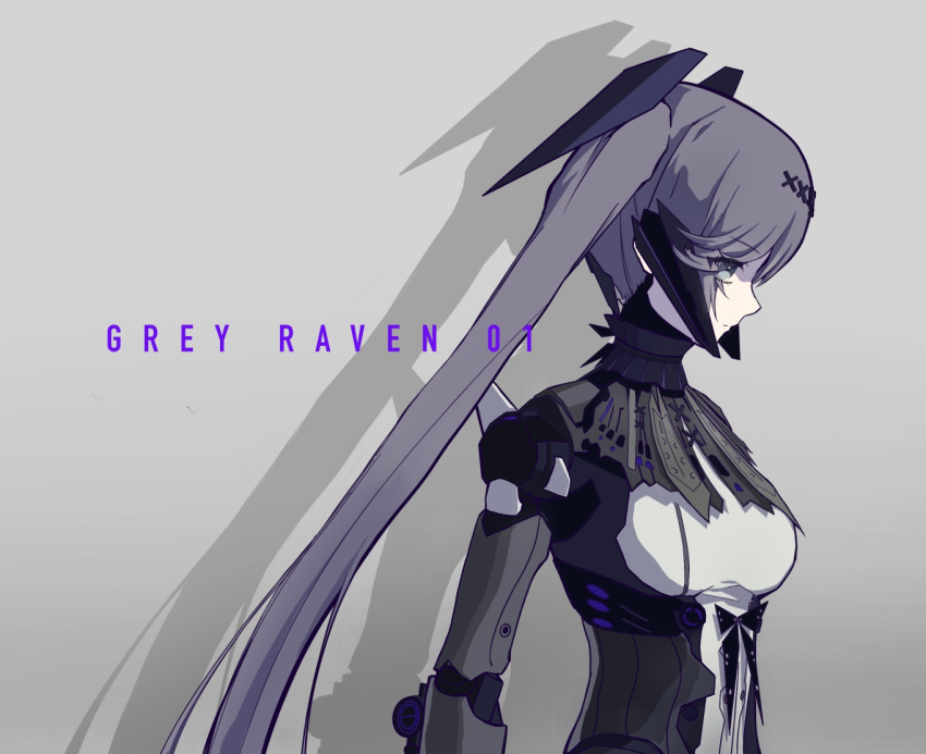 1girl black_bodysuit black_choker bodysuit character_request check_character choker copyright_name frilled_choker frills grey_eyes grey_hair hair_ornament headgear joints long_hair lucia_(punishing:_gray_raven) mechanical_arms mechanical_parts orca_(dragooon-yike) punishing:_gray_raven robot_joints solo twintails two-tone_bodysuit white_bodysuit x_hair_ornament