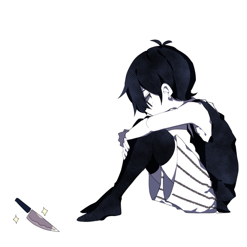 1boy antenna_hair bare_arms black_hair black_socks black_tank_top child colored_skin from_side hair_behind_ear hand_on_own_leg highres kneehighs knees_up knife looking_at_object nikorashi-ka no_shoes omori omori_(omori) short_hair shorts socks sparkle striped_clothes striped_shorts tank_top vertical-striped_clothes vertical-striped_shorts white_background white_shorts white_skin