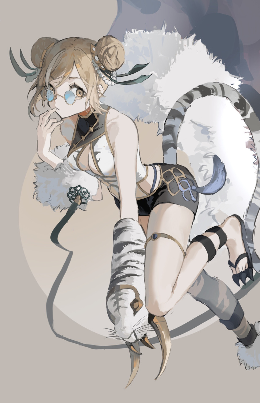 1girl aco_gbfg bare_shoulders black_ribbon black_shorts blonde_hair breasts brown_background chinese_clothes cleavage cleavage_cutout clothing_cutout coat covered_collarbone djeeta_(granblue_fantasy) double_bun finger_to_mouth foot_out_of_frame fur-trimmed_coat fur_trim granblue_fantasy hair_bun hand_up highres looking_at_viewer no_socks official_alternate_costume panty_straps ribbon round_eyewear semi-rimless_eyewear short_hair short_shorts shorts sidelocks silverroar's_swiftclaw_(granblue_fantasy) solo tail unworn_coat yellow_eyes