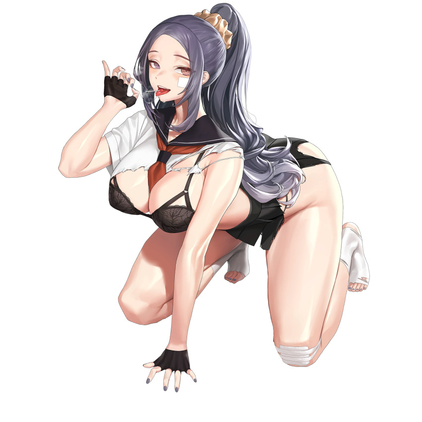 1girl bandaid bandaid_on_face bandaid_on_knee bandaid_on_leg bare_legs black_bra black_gloves black_panties black_skirt blue_eyes blush bra breasts breath candy cleavage cropped_shirt delinquent fellatio_gesture fingerless_gloves floral_print food food_in_mouth full_body gloves grey_hair grey_nails gstiyl hair_ornament hair_scrunchie half_gloves hand_on_ground high_ponytail highres kneeling lace lace_bra large_breasts last_origin lollipop long_hair looking_at_viewer microskirt nail_polish neckerchief neckerchief_between_breasts official_alternate_costume official_art open_mouth panties panty_straps pleated_skirt red_neckerchief saliva saliva_trail school_uniform scrunchie serafuku shirt short_sleeves sidelocks simple_background skirt socks solo spread_legs string_panties sukeban tachi-e teeth third-party_source toenail_polish toenails tongue tongue_out torn_clothes torn_shirt torn_skirt torn_socks transparent_background underwear upper_teeth_only war_wolf_(last_origin) white_serafuku white_socks yellow_scrunchie