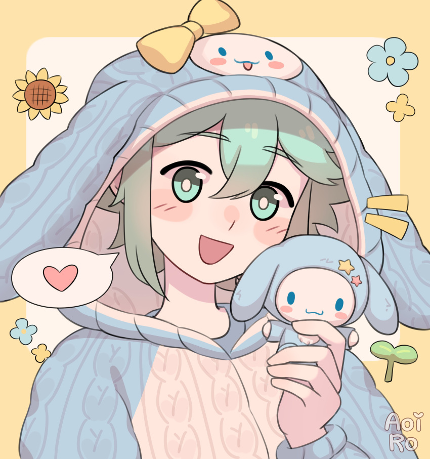 1boy absurdres alternate_costume aoiro_arts artist_name basil_(headspace)_(omori) basil_(omori) blush cinnamoroll green_eyes green_hair heart highres long_sleeves omori open_mouth pajamas sanrio short_hair smile solo speech_bubble spoken_heart