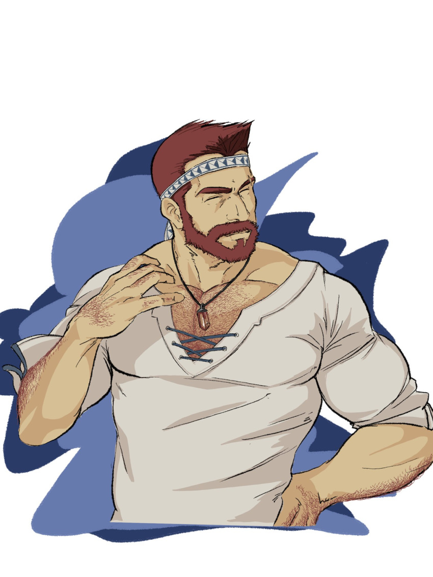 1boy ash_(crave_saga) bara beard brown_hair closed_eyes crave_saga cropped_torso cross-laced_slit eyebrow_cut facial_hair facing_to_the_side full_beard hairy hand_hair headband highres jewelry knuckle_hair large_pectorals male_focus mature_male mautilusp muscular muscular_male pectoral_cleavage pectorals pendant revision textless_version thick_arm_hair thick_beard thick_chest_hair thick_eyebrows