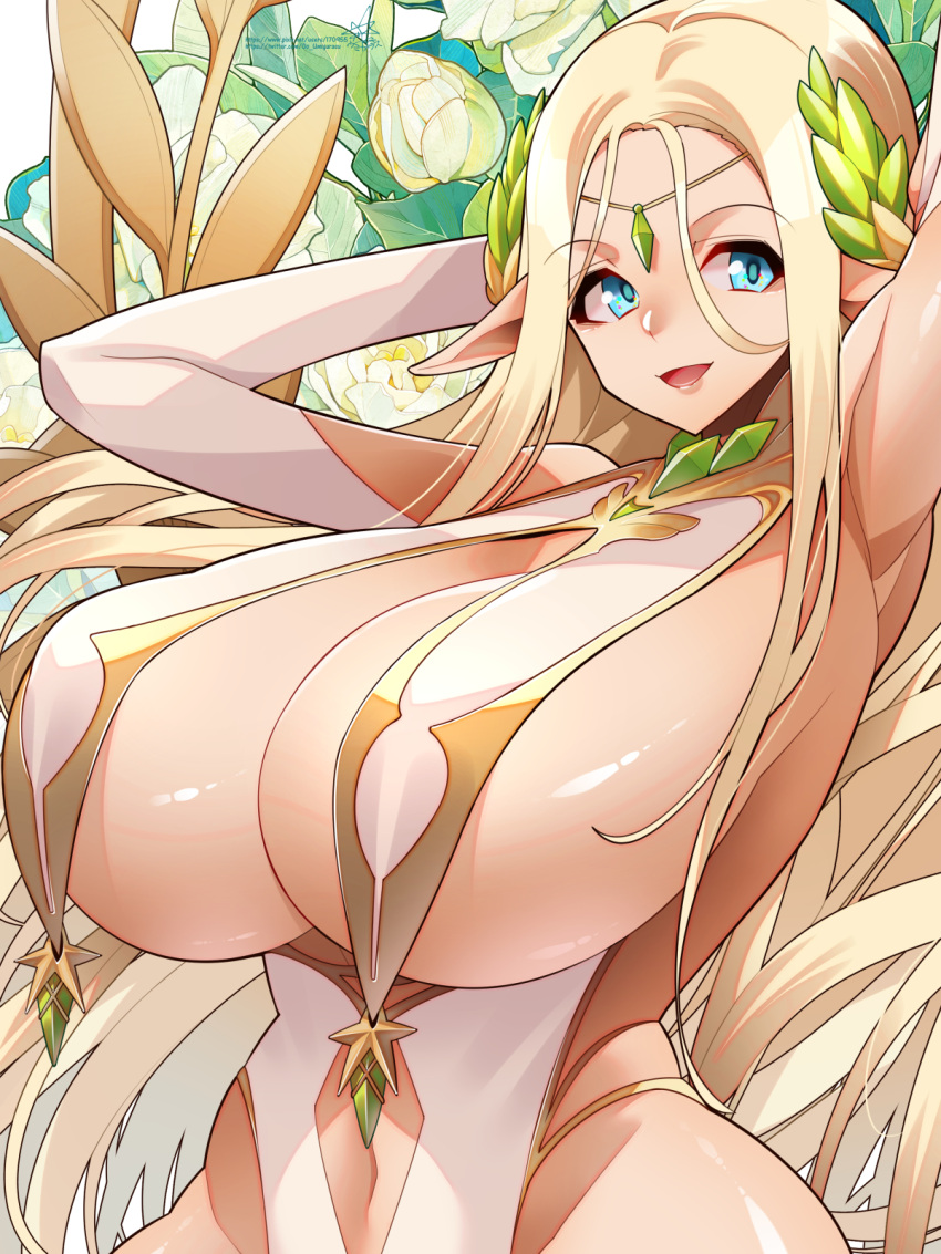 1girl aqua_eyes armpits arms_up breast_curtains breasts cerestia_of_life clothing_cutout curvy elbow_gloves elf floral_background forehead_jewel gloves highres huge_breasts last_origin laurel_crown long_pointy_ears navel navel_cutout pointy_ears revealing_clothes solo umigarasu_(kitsune1963) upper_body white_gloves