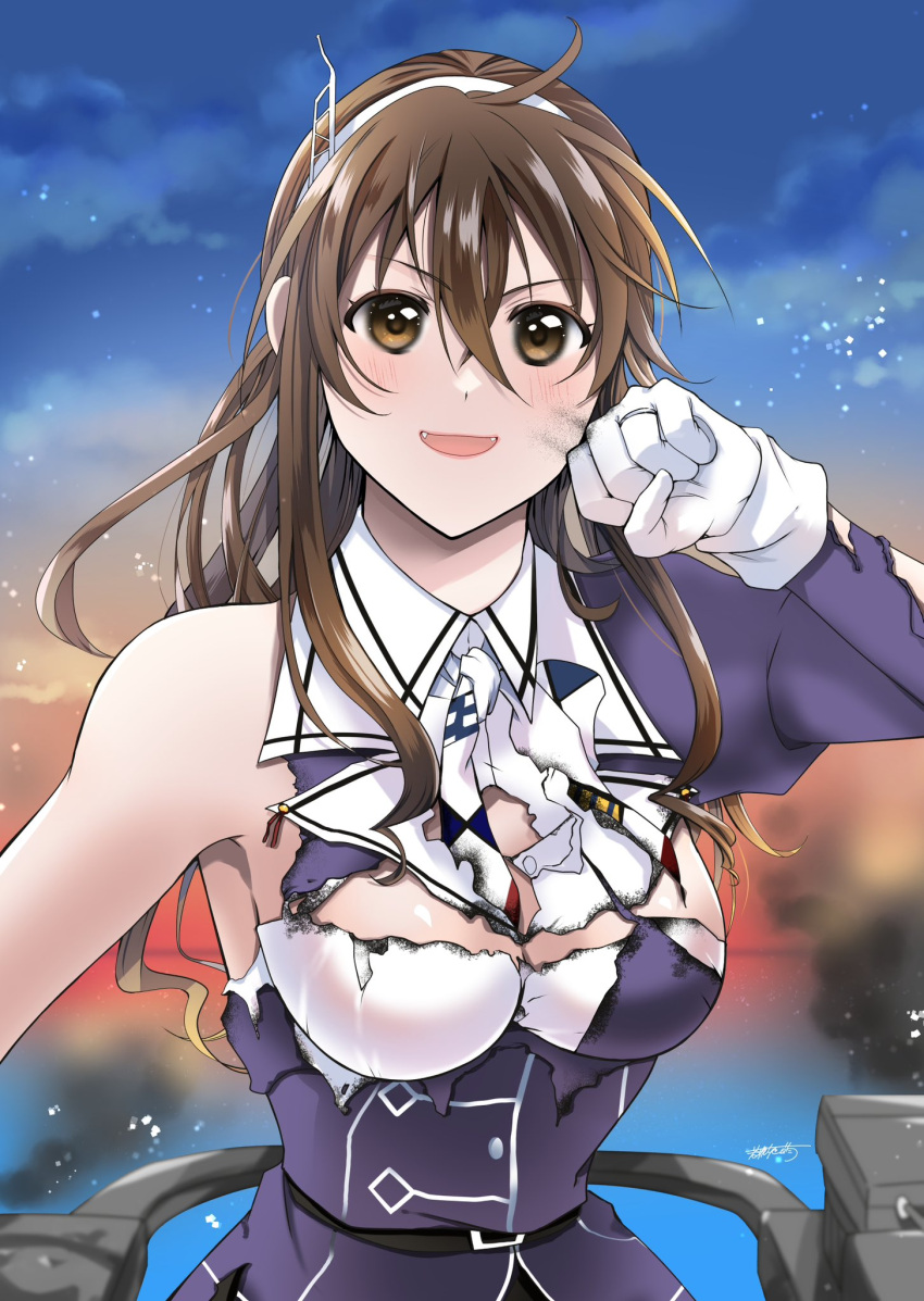 1girl ashigara_(kancolle) ashigara_kai_ni_(kancolle) blush breasts brown_eyes brown_hair burnt_clothes cannon gloves hair_between_eyes hairband highres jacket kantai_collection large_breasts long_hair long_sleeves looking_at_viewer machinery military military_uniform ocean open_mouth rigging skirt smile solo sunset torn_clothes turret uniform wakakohime_moe water white_gloves white_hairband