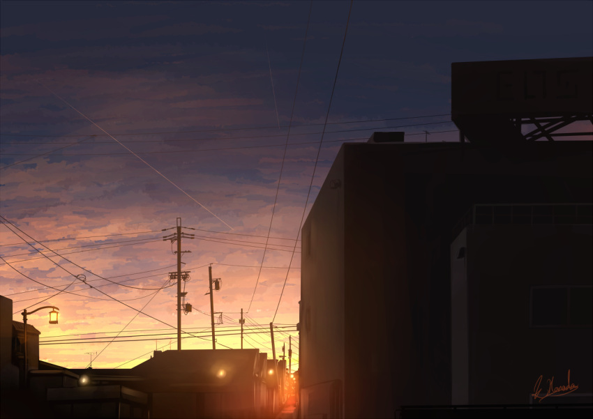 alu.m_(alpcmas) building cloud commentary_request contrail evening house lamppost no_humans original outdoors power_lines road scenery signature silhouette sky street sunset utility_pole vanishing_point
