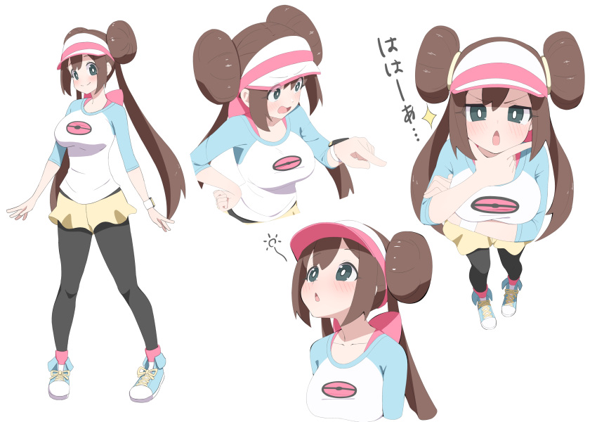 1girl :o alternate_breast_size arm_under_breasts blush breasts bright_pupils brown_hair closed_mouth commentary_request double_bun green_eyes hair_bun hand_on_own_chin hand_up highres kumacy_0 long_hair looking_up multiple_views open_mouth pantyhose pokemon pokemon_bw2 rosa_(pokemon) shirt shoes short_shorts shorts sleeves_past_elbows smile sparkle standing stroking_own_chin white_background white_pupils yellow_shorts