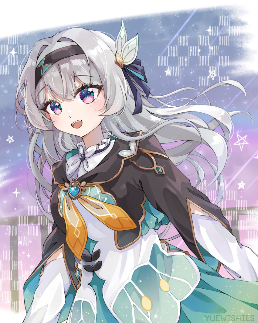 1girl :d arms_at_sides artist_name black_hairband black_jacket blue_pupils blue_ribbon blue_skirt bow cowboy_shot cropped_jacket firefly_(honkai:_star_rail) floating_hair grey_hair hair_between_eyes hair_bow hair_intakes hair_ribbon hairband highres honkai:_star_rail honkai_(series) jacket long_hair long_sleeves looking_at_viewer neckerchief open_mouth orange_neckerchief pink_eyes pleated_skirt railing ribbon shirt shooting_star sidelocks skirt smile solo teeth upper_teeth_only white_bow white_shirt yuewishies