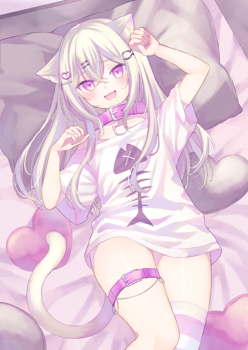 1girl :d absurdres animal_ear_fluff animal_ears cat_ears cat_girl cat_tail erunoto fang fish_bone_print highres indie_virtual_youtuber long_hair looking_at_viewer lying mitarai_komoru no_pants off_shoulder on_back on_bed open_mouth paw_pose pillow pink_eyes pink_thighhighs shirt single_thighhigh skin_fang smile striped_clothes striped_thighhighs tail thighhighs virtual_youtuber white_shirt white_thighhighs