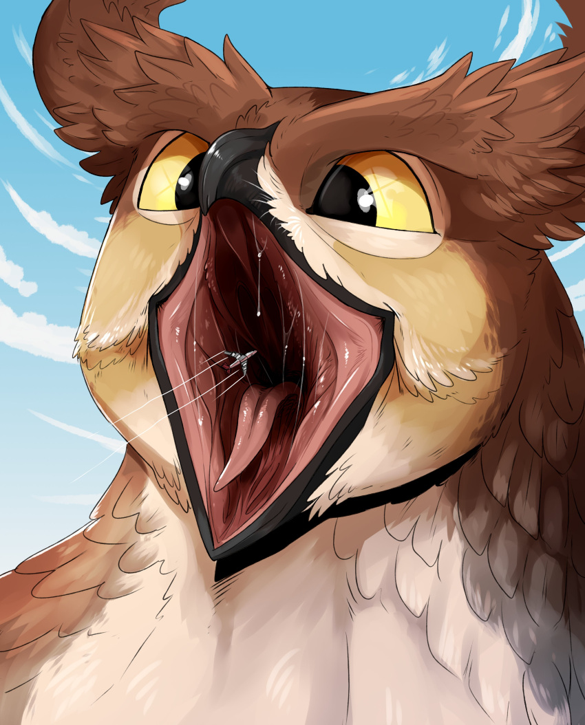 absurd_res aircraft airplane ambiguous_gender anthro avian beak bird black_beak blue_sky bodily_fluids brown_body brown_feathers bust_portrait cloud feathers front_view glistening glistening_eyes hi_res imperatorcaesar macro mouth_shot no_sclera object_vore open_mouth owl portrait red_tongue saliva saliva_string sky solo tan_body tan_feathers tongue vehicle vore yellow_eyes