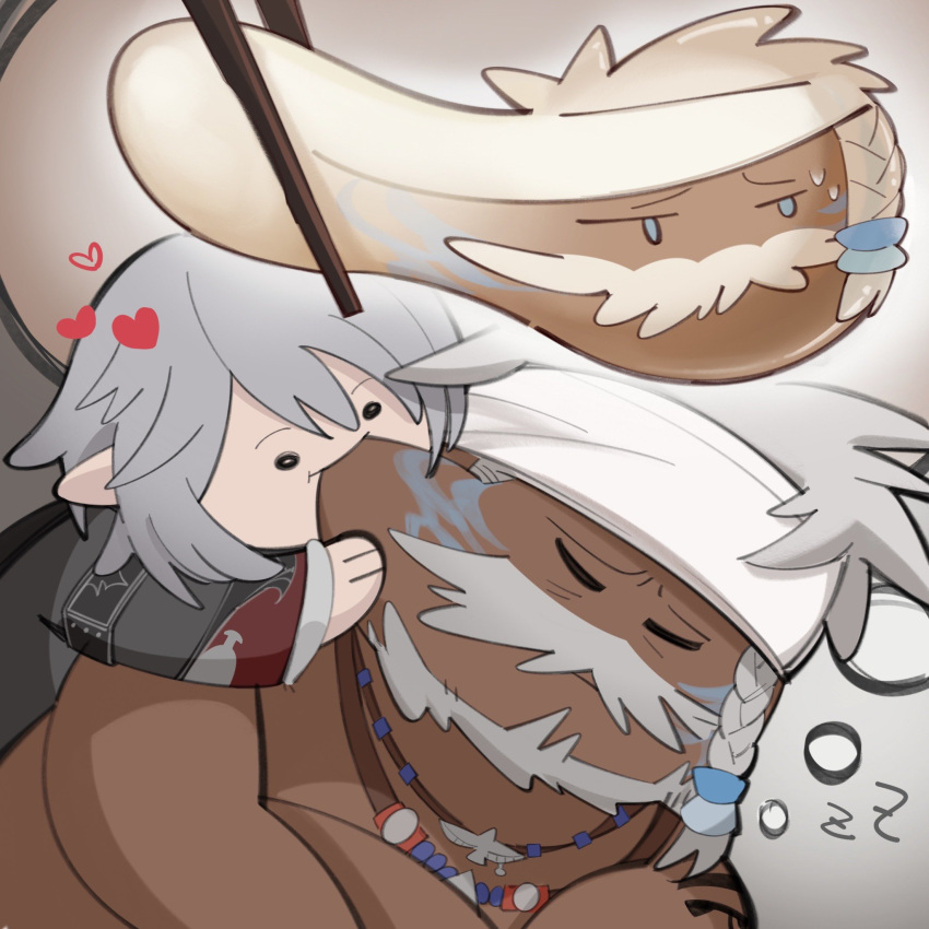 1boy 1girl affectionate age_difference bara biting braid cheek_biting dark-skinned_male dark_skin deformed facial_mark final_fantasy final_fantasy_xiv headband highres hyur imagining interracial jewelry long_hair loving_aura lyon_rem_helsos mature_male muscular muscular_male necklace nervous_sweating notesonlyonpii old old_man scar scar_on_face scar_on_nose side_braid size_difference solid_circle_eyes sweat tooth_necklace tribal upper_body warrior_of_light_(ff14) white_hair white_headband