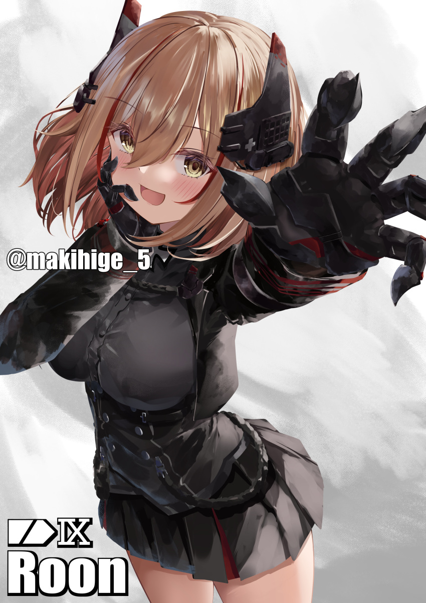 1girl :d absurdres azur_lane black_gloves black_jacket blonde_hair breasts buttons character_name commentary_request cowboy_shot double-breasted excited from_above gloves hair_between_eyes hand_on_own_cheek hand_on_own_face happy headgear highres hip_focus jacket long_sleeves looking_at_viewer looking_up makihige medium_breasts medium_hair metal_gloves miniskirt multicolored_hair pleated_skirt reaching reaching_towards_viewer red_hair roon_(azur_lane) signature skirt smile solo streaked_hair thighs two-tone_hair yellow_eyes