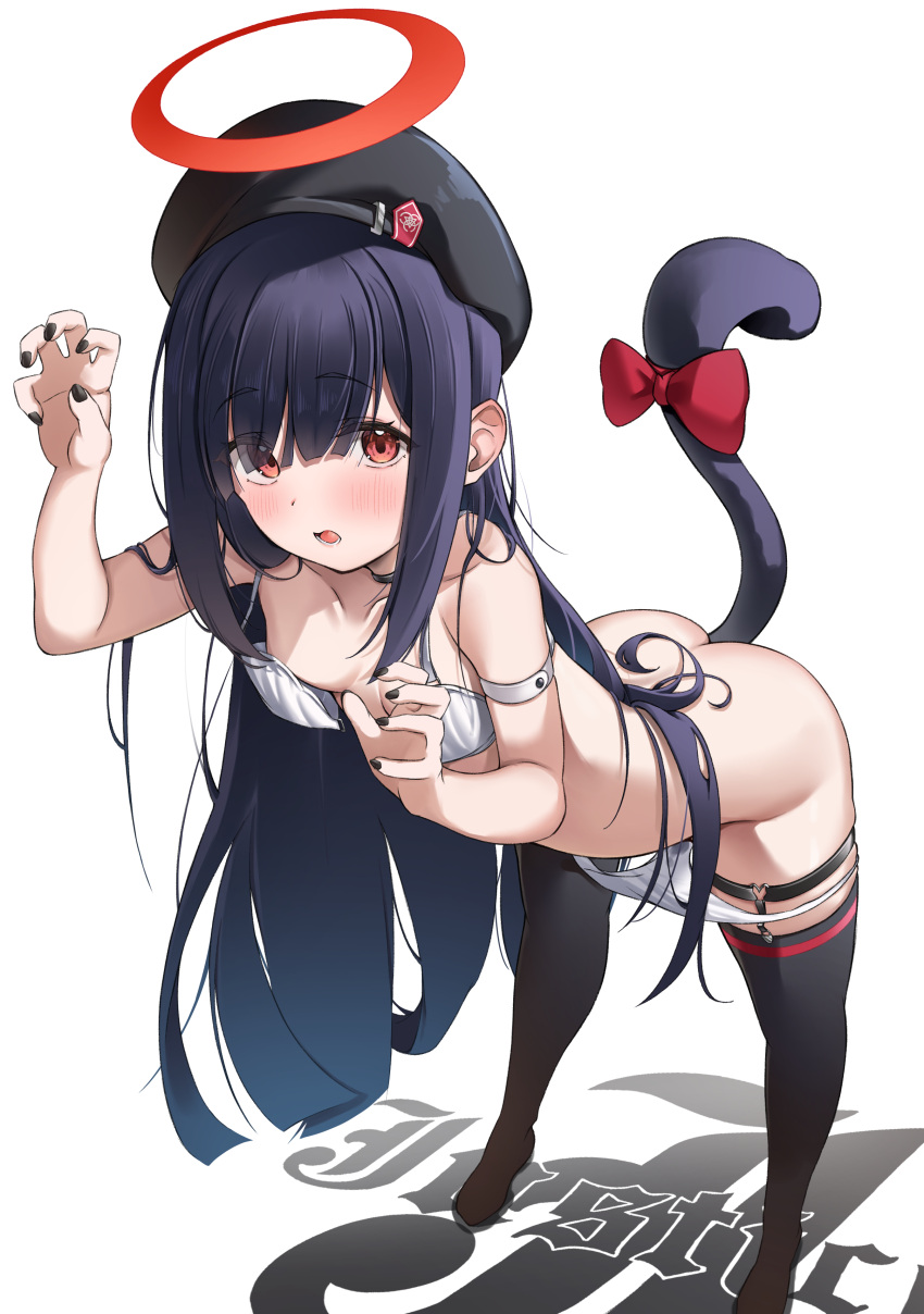 1girl absurdres ass beret black_hair black_hat black_nails black_tail black_thighhighs blue_archive blush bra breasts collarbone fingernails halo hat highres justice_task_force_member_(blue_archive) long_hair looking_at_viewer nail_polish nekoya_minamo open_mouth panties red_eyes red_halo simple_background small_breasts solo standing thigh_strap thighhighs underwear white_background white_bra white_panties