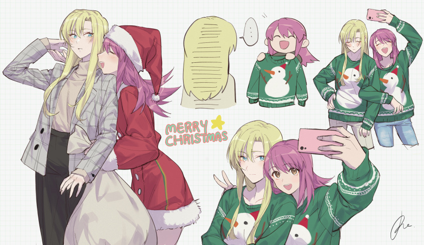 2girls blonde_hair couple highres kaleido_star layla_hamilton locked_arms long_hair merry_christmas multiple_girls multiple_views naegino_sora purple_hair rekari_(rekari628) santa_costume selfie ugly_sweater yuri