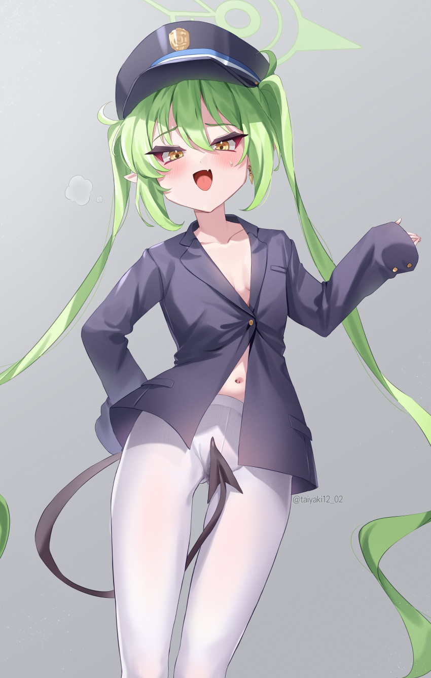 1girl absurdres black_hat black_shirt black_tail blue_archive blush breasts collarbone collared_shirt demon_tail fang feet_out_of_frame gradient_background green_hair green_halo hair_between_eyes halo hat highlander_twintails_conductor_(blue_archive) highres long_hair long_sleeves looking_at_viewer open_mouth pantyhose peaked_cap pointy_ears shirt skin_fang small_breasts solo tail taiyaki12 twintails twitter_username white_pantyhose yellow_eyes