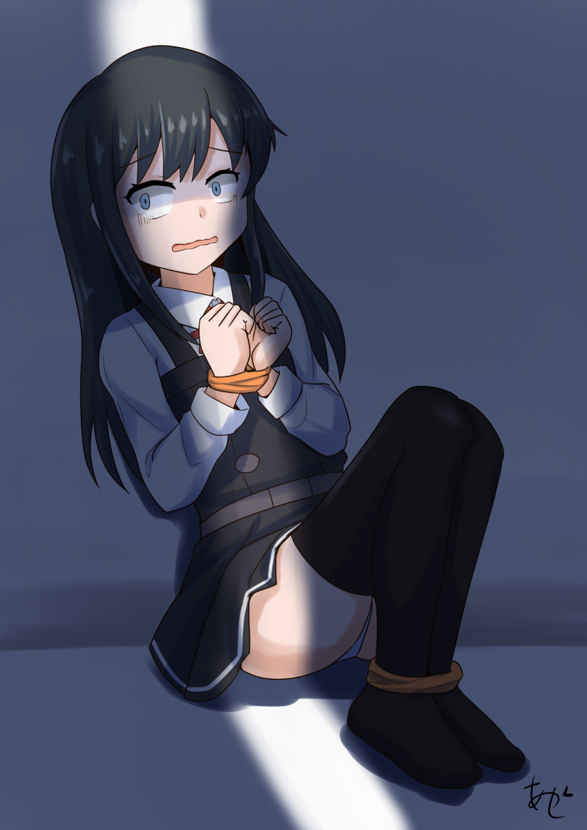 1girl akashieru asashio_(kancolle) asashio_kai_ni_(kancolle) black_dress black_hair black_thighhighs blue_eyes blue_panties bound bound_ankles bound_wrists collared_shirt dilated_pupils dress dress_shirt full_body highres kantai_collection long_hair one-hour_drawing_challenge open_mouth panties pinafore_dress restrained shirt sitting sleeveless sleeveless_dress solo thighhighs tied_up_(nonsexual) underwear wavy_mouth white_shirt