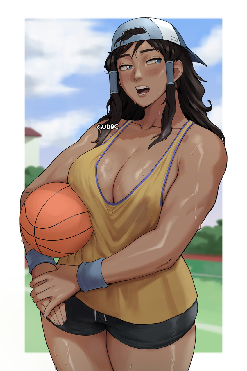 1girl alternate_costume avatar_legends backwards_hat ball basketball_(object) black_miniskirt breasts cleavage dark-skinned_female dark_skin gud0c hat highres korra long_hair looking_to_the_side miniskirt shirt skirt solo the_legend_of_korra thighs yellow_shirt