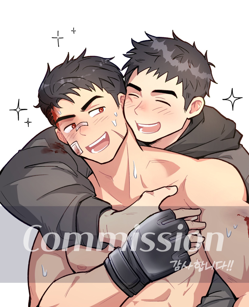 2boys bad_id bad_twitter_id bara blood blood_on_face check_copyright clothed_male_nude_male copyright_request couple facial_hair heads_together highres male_focus multiple_boys muscular muscular_male nude original sideburns_stubble sparkle_background stubble thick_eyebrows upper_body wasted_m9 yaoi