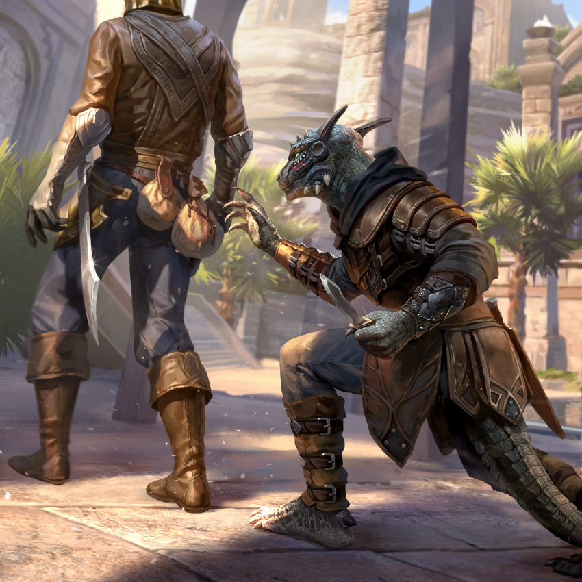5_toes absurd_res anthro argonian barefoot bethesda_softworks clothed clothing countershade_feet countershading crouching dagger detailed_background duo fantasy feet fully_clothed hi_res human humanoid_feet male mammal melee_weapon official_art plantigrade reptile scalie sneaking sword the_elder_scrolls the_elder_scrolls_online thief toes unknown_artist warrior weapon