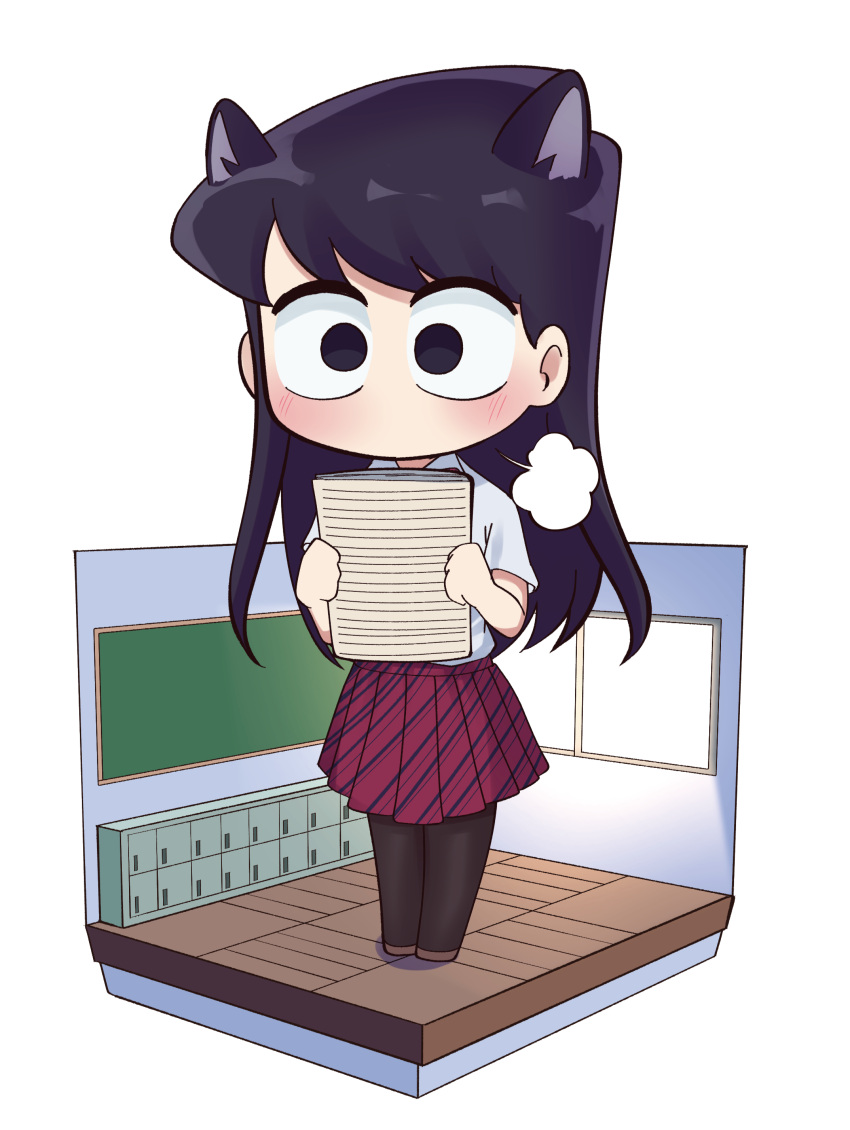 1girl absurdres animal_ears black_pantyhose blush brown_footwear cat_ears chalkboard chibi classroom collared_shirt commentary day diagonal-striped_clothes diagonal-striped_skirt dress_shirt extra_ears highres holding holding_paper indoors j_humbo komi-san_wa_komyushou_desu komi_shouko long_hair no_mouth no_nose pantyhose paper paper_stack pleated_skirt puff_of_air red_skirt school_uniform shirt short_sleeves skirt solo striped_clothes sunlight swept_bangs very_long_hair white_shirt window