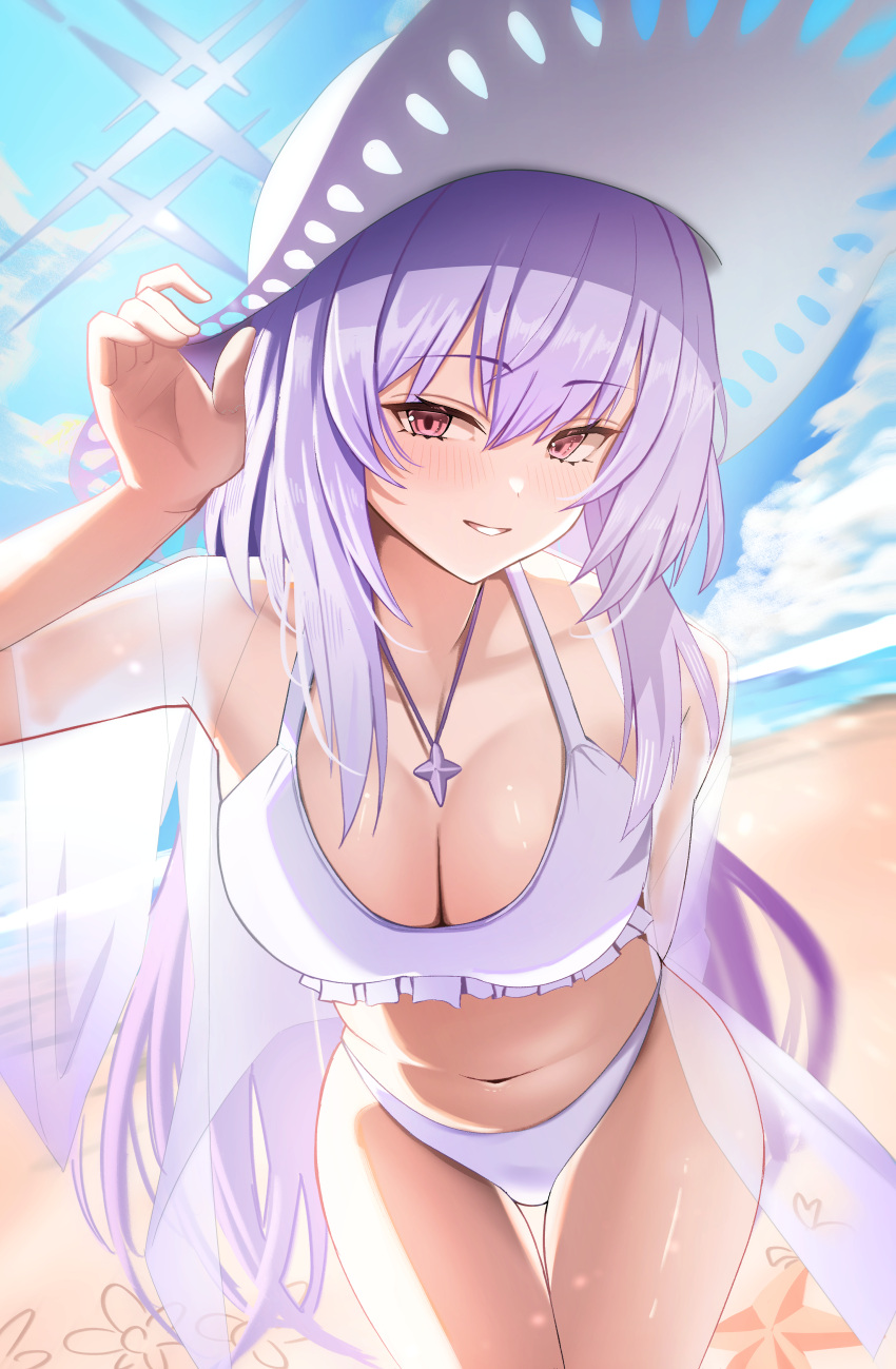 1girl absurdres atsuko_(blue_archive) atsuko_(swimsuit)_(blue_archive) bare_arms bare_legs bare_shoulders beach bikini blue_archive breasts cleavage collarbone cowboy_shot day grey_halo hair_between_eyes halo hat highres kuromiz large_breasts long_hair navel official_alternate_costume open_mouth outdoors purple_hair red_eyes smile solo straw_hat swimsuit white_bikini white_hat