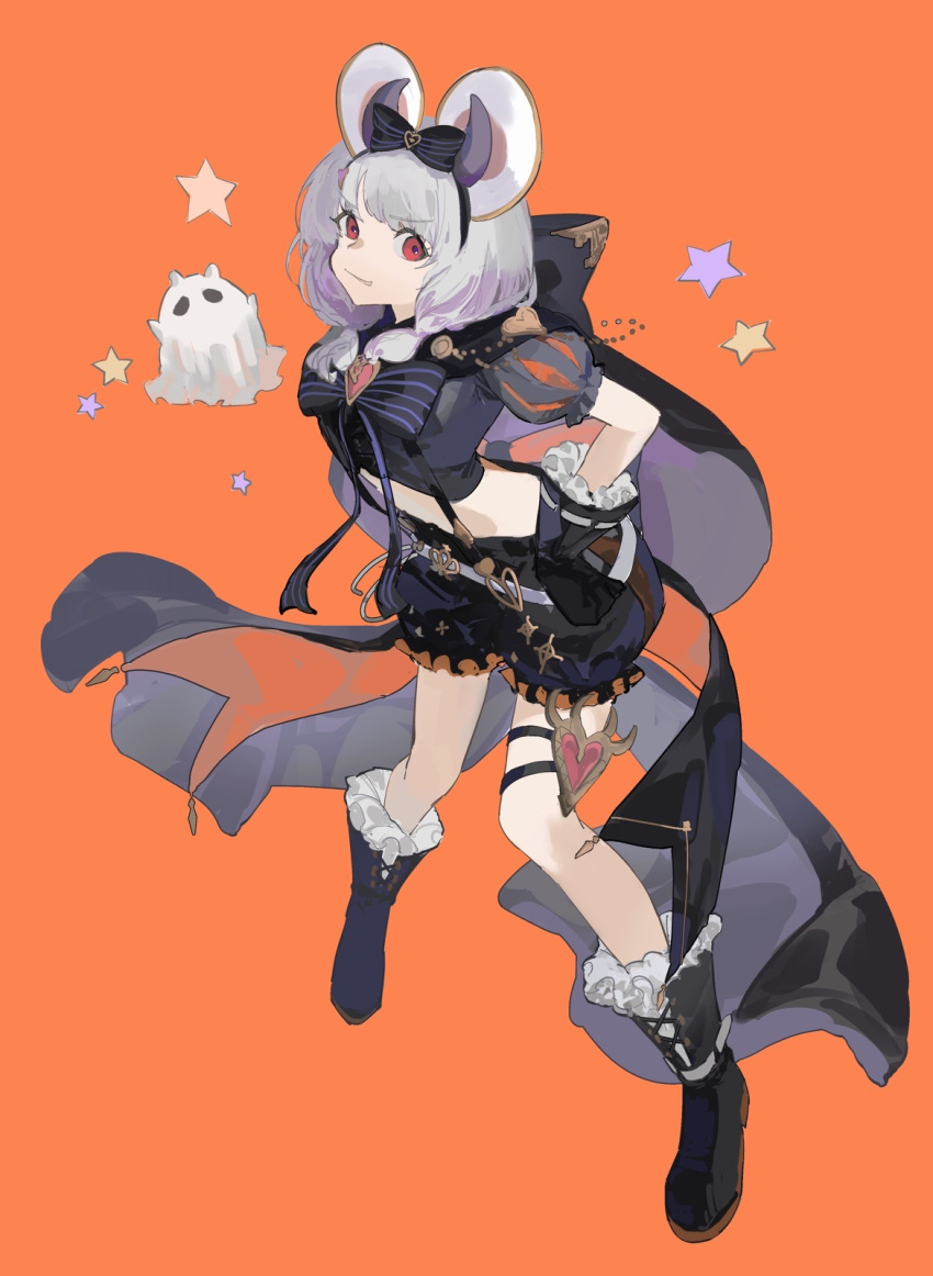 1girl aco_gbfg animal_ears black_bow black_cape black_gloves black_shirt boots bow cape coattails crop_top demon_horns fake_animal_ears fake_horns full_body gloves granblue_fantasy grey_hair hair_bow hands_on_own_hips highres hood hooded_cape horns looking_at_viewer medium_hair midriff mouse_ears orange_background puffy_short_sleeves puffy_shorts puffy_sleeves red_eyes sheet_ghost shirt short_sleeves shorts star_(symbol) striped_bow suspenders vikala_(granblue_fantasy)