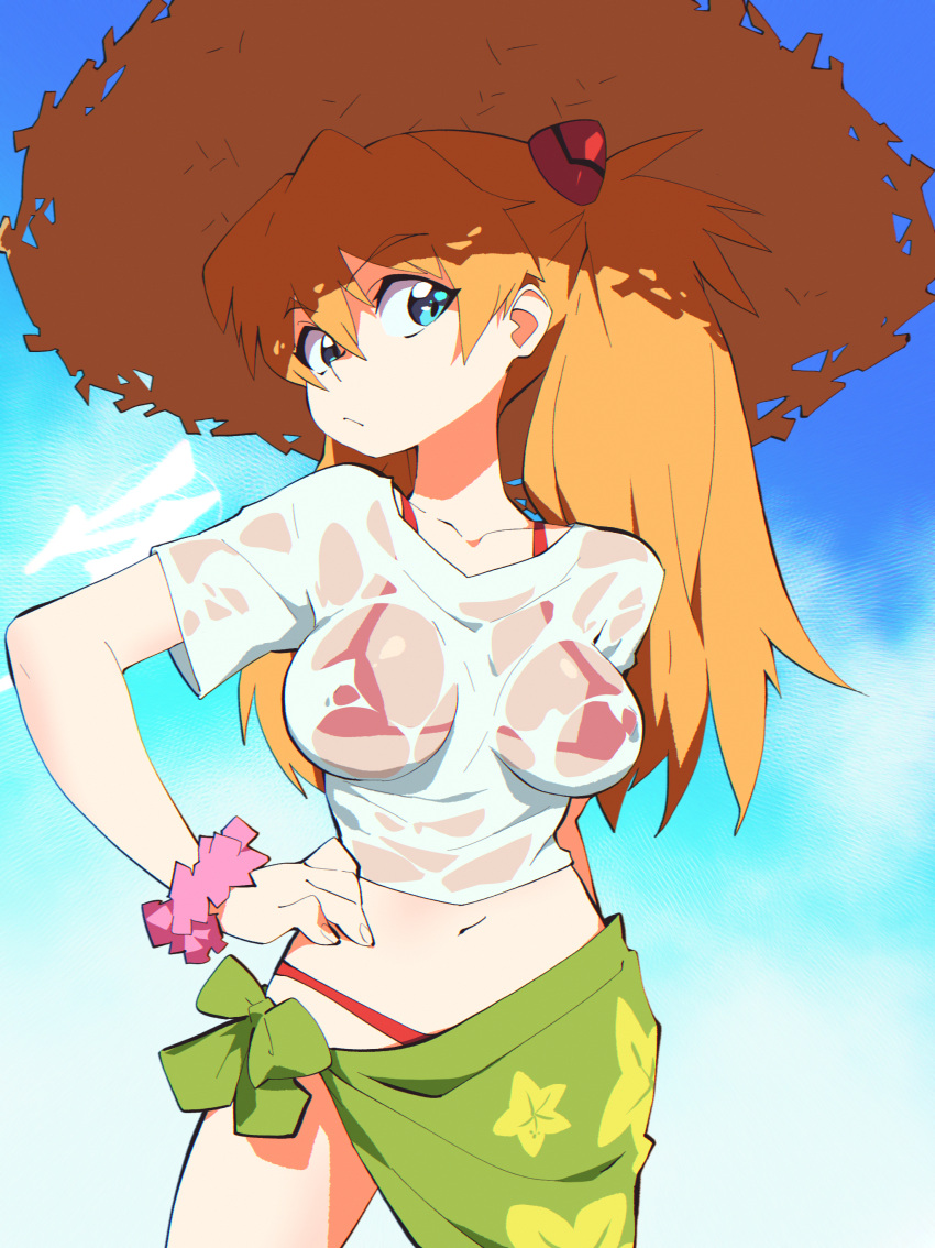 1girl absurdres aetherion bikini blue_eyes breasts closed_mouth collarbone contrapposto cowboy_shot day floral_print green_sarong hair_between_eyes hand_on_own_hip hat highres interface_headset large_breasts long_hair looking_at_viewer midriff navel neon_genesis_evangelion orange_hair outdoors pink_scrunchie red_bikini sarong scrunchie see-through see-through_shirt shirt short_sleeves solo souryuu_asuka_langley straw_hat string_bikini swimsuit t-shirt two_side_up wet wet_clothes wet_shirt white_shirt