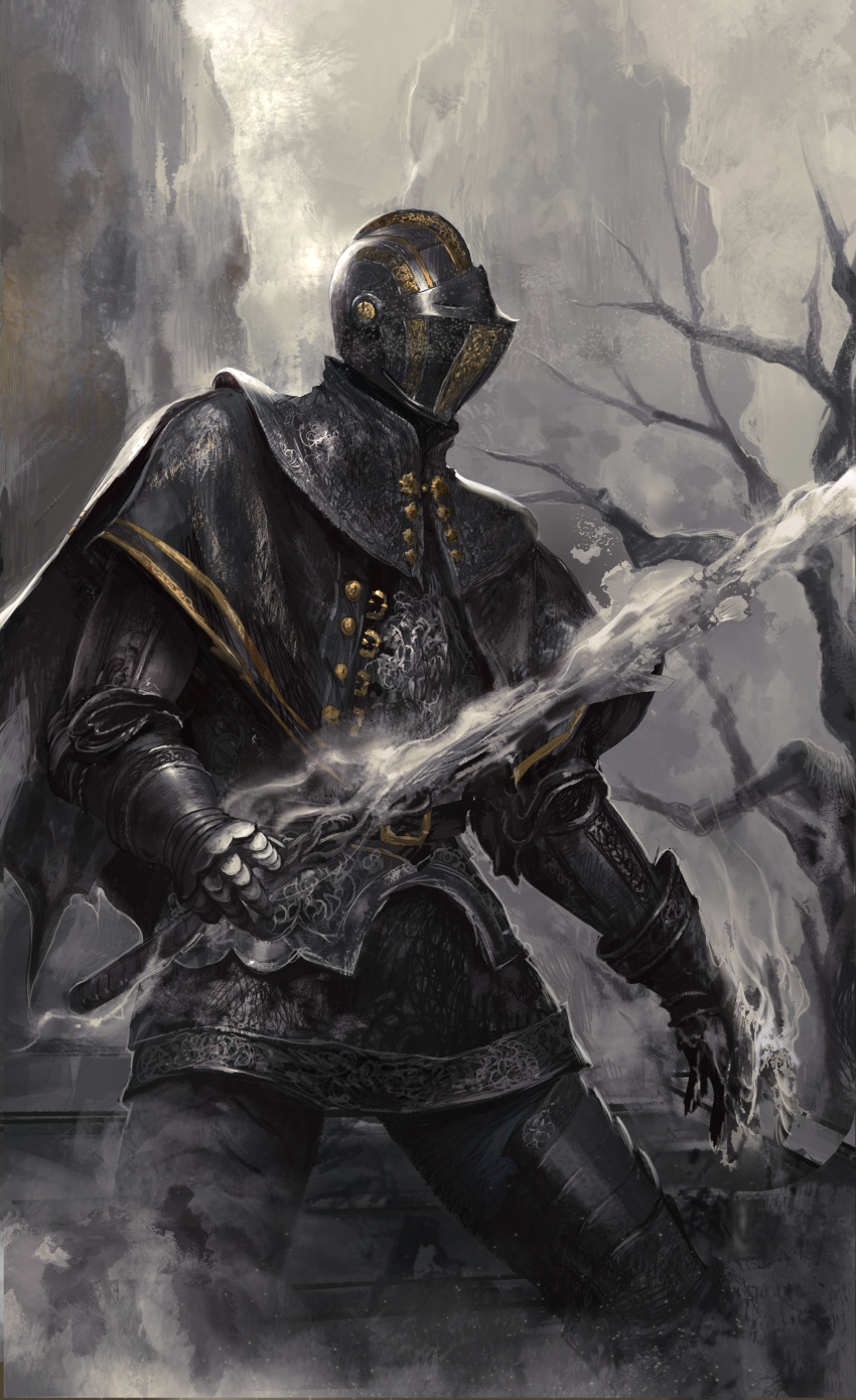 absurdres armor black_armor dark dark_souls_(series) dark_souls_i fantasy full_armor helmet highres holding holding_sword holding_weapon junjiuk knight knights_(ensemble_stars!) medieval shoulder_armor solo standing sword warrior weapon