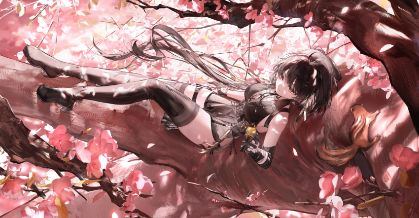 1girl absurdres bare_shoulders bird black_dress black_hair boots breasts cowlick dress elbow_gloves falling_petals fek_zin female_rover_(wuthering_waves) from_above gloves high_heel_boots high_heels highres large_breasts leaf long_hair lying partially_fingerless_gloves pelvic_curtain petals pouch solo squirrel thigh_strap thighhighs thighs tree very_long_hair wuthering_waves yellow_eyes