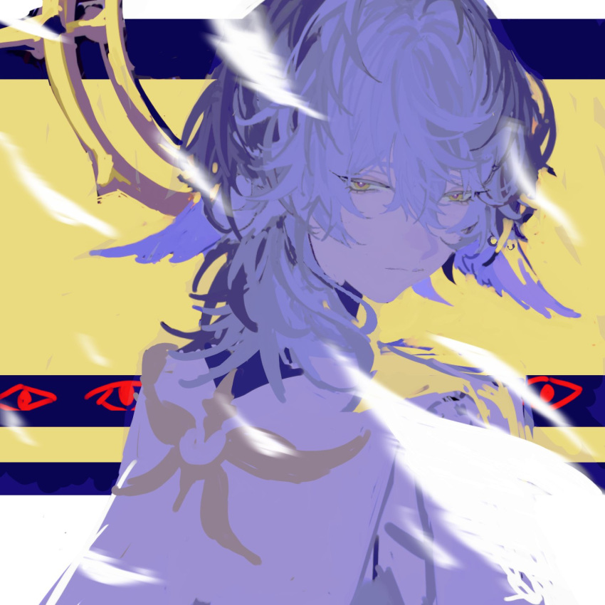 1boy closed_mouth coat feathers grey_hair hair_between_eyes halo head_wings highres honkai:_star_rail honkai_(series) looking_at_viewer lu_liu male_focus medium_hair solo sunday_(honkai:_star_rail) white_coat white_wings wings yellow_eyes