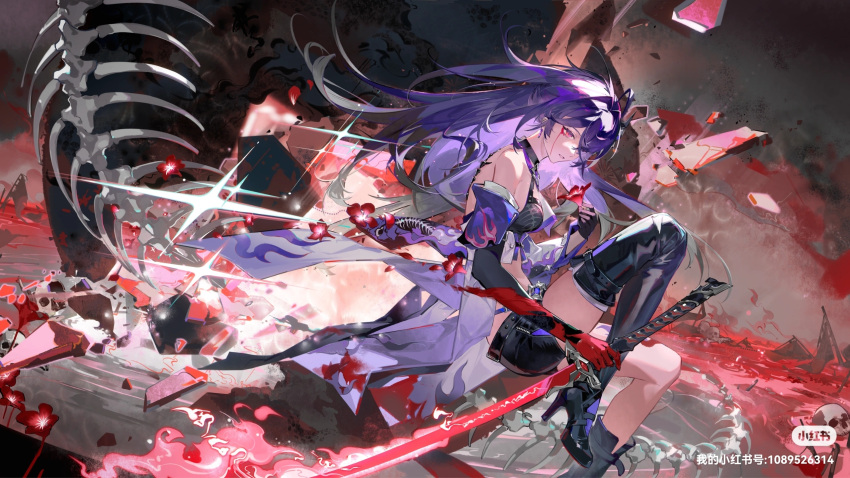 1girl acheron_(honkai:_star_rail) asymmetrical_footwear black_choker black_gloves black_shorts blood blood_from_eyes bone boots choker coat coattails detached_sleeves earrings flower gloves hair_over_one_eye highres holding holding_sword holding_weapon honkai:_star_rail honkai_(series) jewelry leg_tattoo long_hair midriff navel purple_eyes purple_hair qmthtdy red_flower short_shorts shorts single_bare_shoulder single_earring sitting skeleton skull solo stomach sword tattoo thigh_boots thighs weapon white_coat