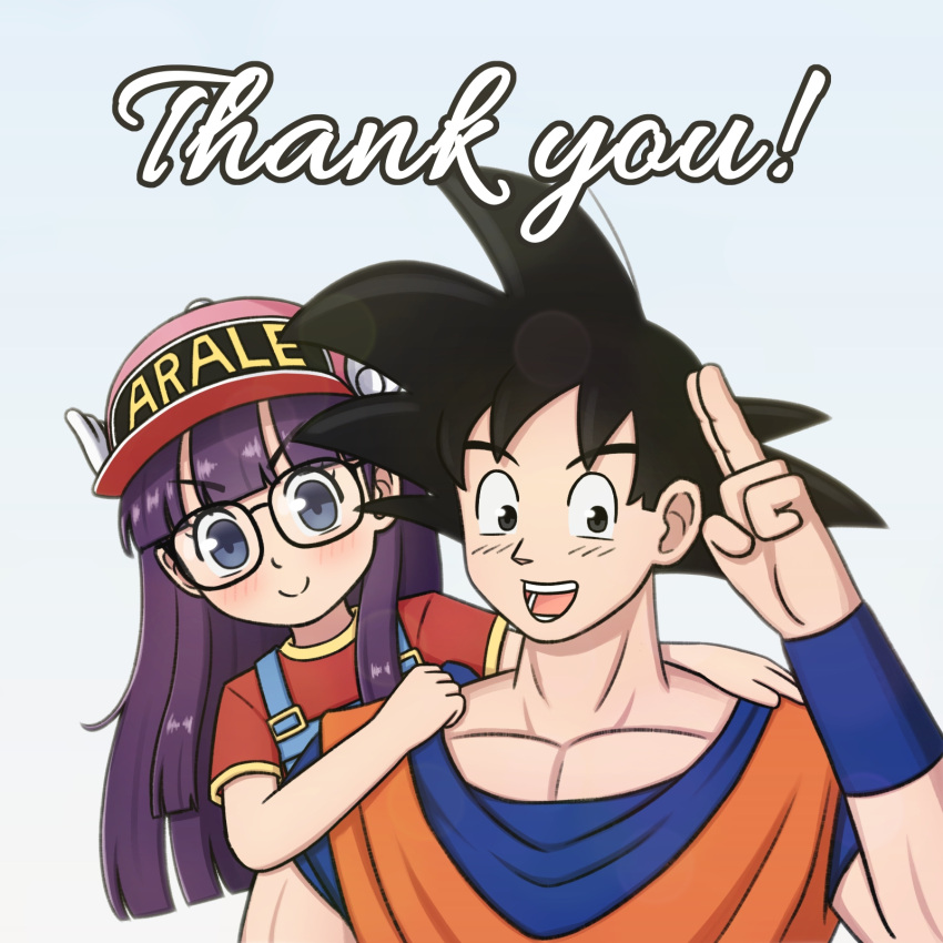 1boy 1girl black_hair blue_eyes blue_wristband dougi dr._slump dragon_ball glasses highres konato_k long_hair muscular muscular_male norimaki_arale open_mouth overalls purple_hair red_shirt salute shirt son_goku spiked_hair toriyama_akira_(character) upper_body winged_hat