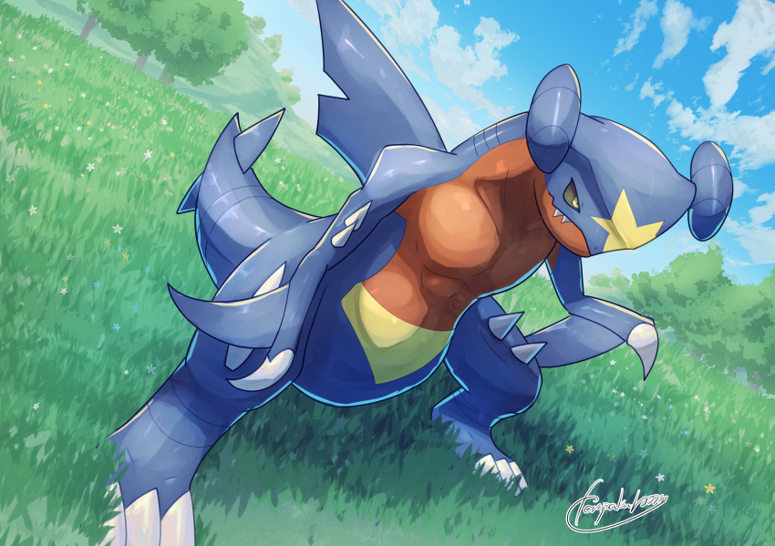 animal_focus black_sclera blue_sky closed_mouth cloud colored_sclera commentary_request garchomp highres no_humans on_grass outdoors pokemon pokemon_(creature) sharp_teeth signature sky standing tail tanpakuroom teeth yellow_eyes