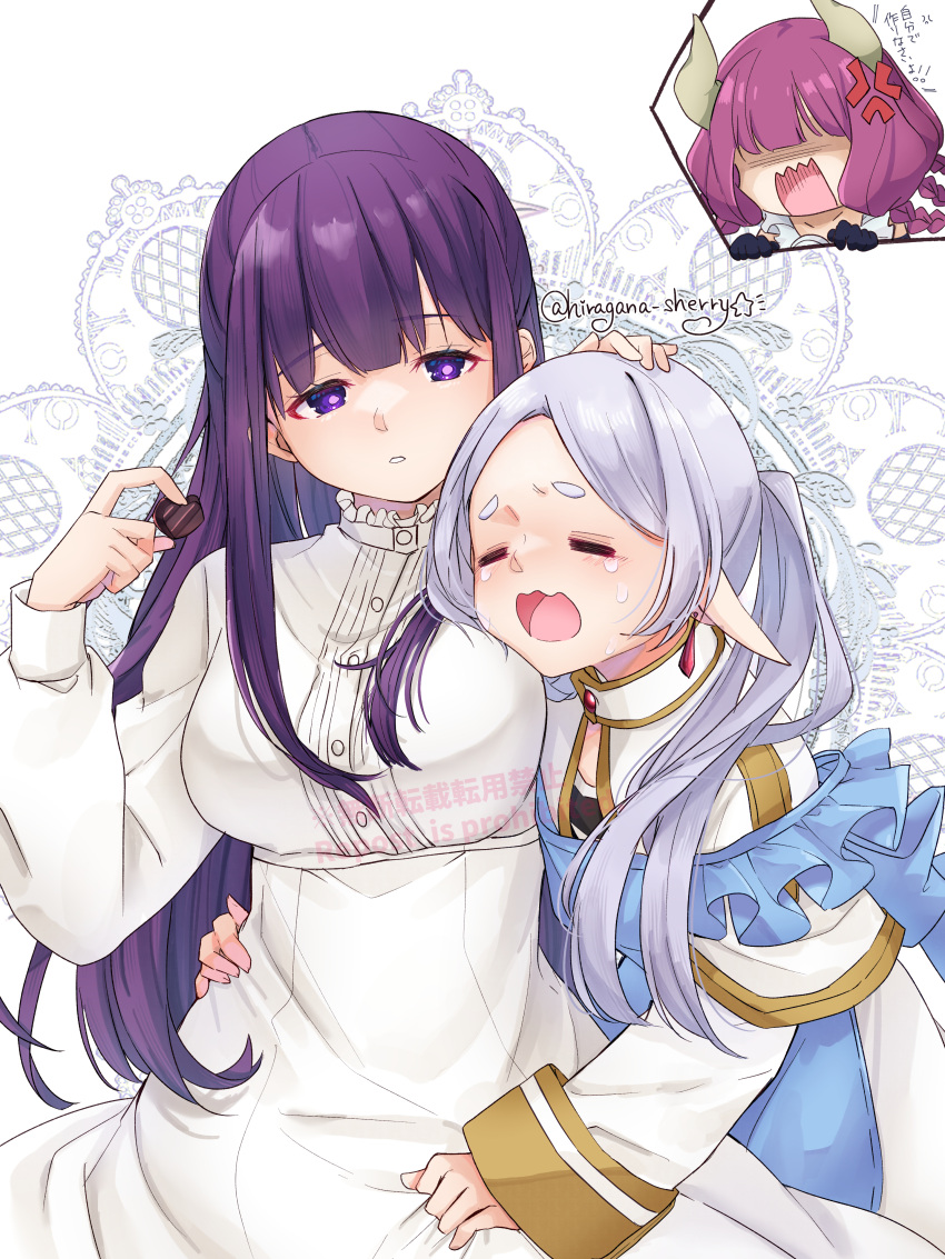 3girls absurdres aura_(sousou_no_frieren) chocolate closed_eyes crying dress fern_(sousou_no_frieren) food frieren grey_hair hair_between_eyes highres hiragana_sherry holding holding_chocolate holding_food long_hair long_sleeves multiple_girls open_mouth pointy_ears purple_eyes purple_hair sousou_no_frieren tears twitter_username white_dress