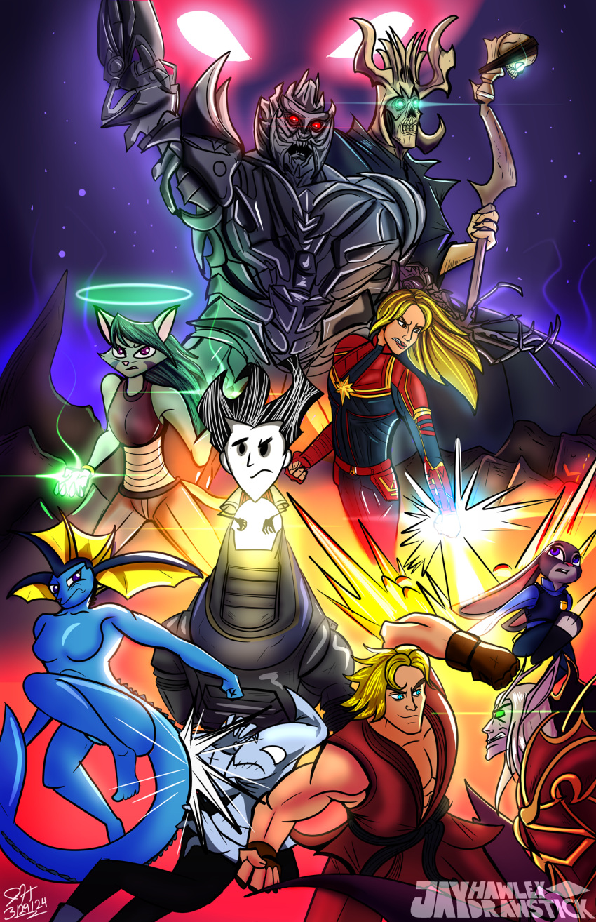 acererak angry anthro armor battle black_hair blonde_hair blue_body blue_eyes blue_skin candlejack capcom captain_marvel carol_danvers claws clothing crossover cybertronian disney don't_starve dreamkeepers eeveelution eyebrows felid feline female fight fin fisto_(fallout) frown fur generation_1_pokemon glowing glowing_eyes green_body green_eyes green_fur green_hair grey_body grey_fur group hair halo hasbro head_fin headgear helmet hi_res human humanoid jaydrawstick judy_hopps kael'thas_sunstrider ken_masters klei_entertainment lich light light_beam lilith_calah long_ears long_hair machine male mammal megatron nintendo open_mouth pokemon pokemon_(species) police police_uniform purple_eyes raised_eyebrow red_eyes robot sharp_teeth skull_accessory sky space staff star starry_sky street_fighter tail tail_motion tail_slap takara_tomy teeth transformers undead uniform vaporeon white_hair wilson_percival_higgsbury zootopia