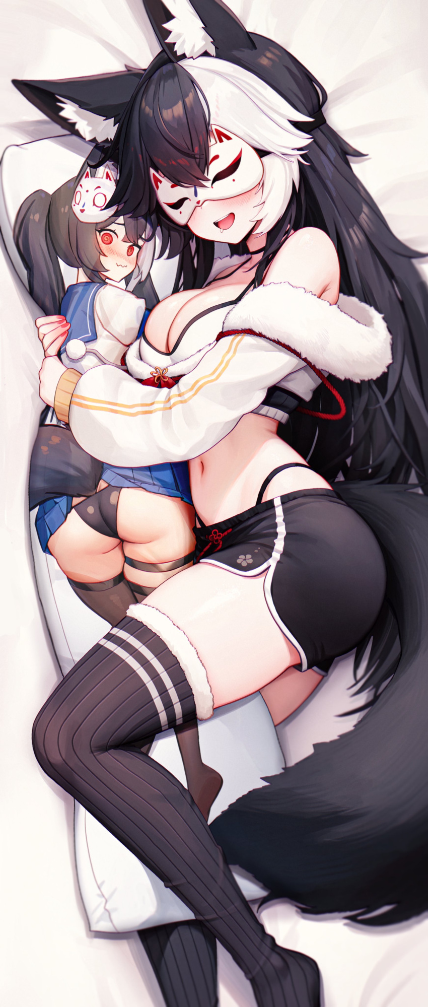 1girl absurdres animal_ears bare_shoulders bed_sheet black_choker black_hair black_shorts black_thighhighs body_pillow breasts choker cleavage clickdraws crop_top dakimakura_(medium) dolphin_shorts feet fox_ears fox_girl fox_tail full_body fur_trim gammainkk highleg highres hugging_object indie_virtual_youtuber large_breasts long_hair long_sleeves lying midriff multicolored_hair navel no_shoes off-shoulder_shirt off_shoulder on_bed open_mouth panty_straps pillow pillow_hug puffy_long_sleeves puffy_sleeves ribbed_thighhighs shirt short_shorts shorts sleep_mask sleeping smile soles solo spaghetti_strap split-color_hair stomach tail thighhighs thighs toes two-tone_hair very_long_hair virtual_youtuber white_hair white_shirt